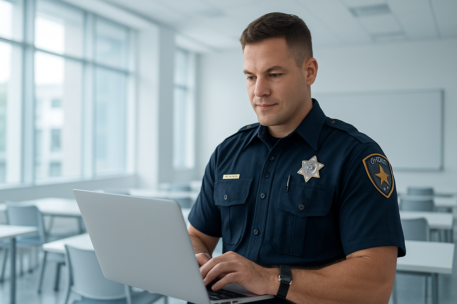 Texas law enforcement officer reviewing online training on a tablet in a modern facility